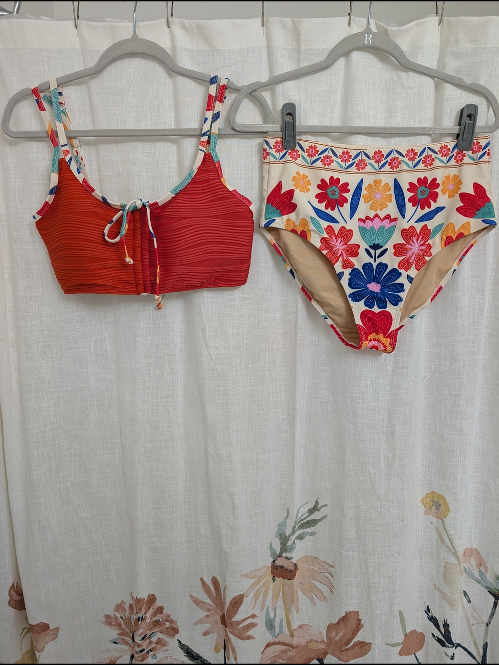 Herseas Textured Bikini Set L New High Waist Floral Adjustable Tie Back Boho
